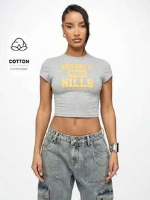 90210 Retro Streetwear Crop Top Baby Tee Y2K Fashion Los Angeles County Statement Fitted Short Sleeve Summer Casual T-ShirtLeisure - 灰色 - 查看 1