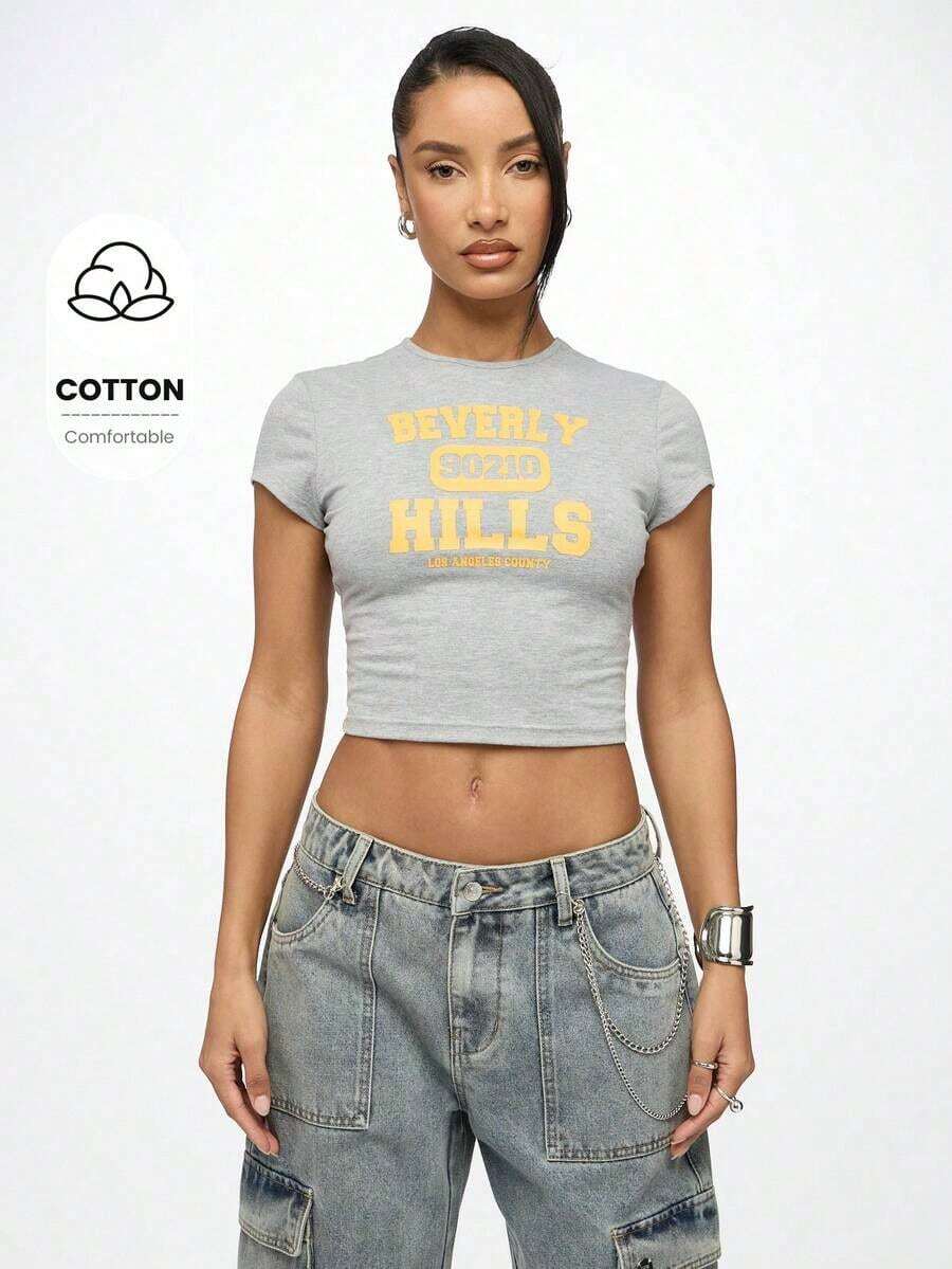 90210 Retro Streetwear Crop Top Baby Tee Y2K Fashion Los Angeles County Statement Fitted Short Sleeve Summer Casual T-ShirtLeisure - 灰色 - 查看 1