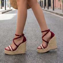 Sandal đế xuồng cao gót chống thấm nước màu đỏ tía thanh lịch, thoải mái, nhẹ nhàng và thời trang dành cho nữ, thích hợp cho kỳ nghỉ. - Màu Đỏ Sâu - Xem 6