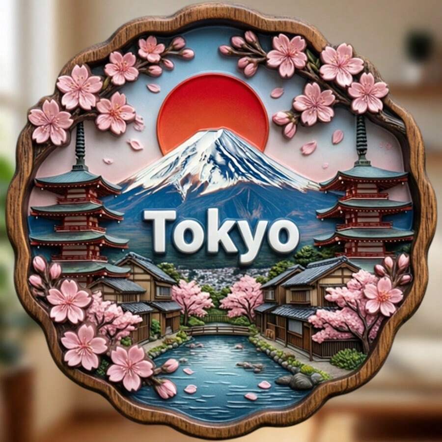 东京町屋禅意花园木质波浪框磁贴:波浪形木质框架,蓝白相间,饰以红色太阳,对称的红色宝塔,黑色木质町屋,粉色樱花和漂浮在池塘中的花瓣,凸起的白色“东京”字样——迷你日式花园,装饰您的冰箱 - H - 查看 1