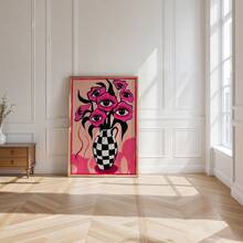 2D Wall Art Decor, Featuring Retro Poster Design With Surreal Pink Eyes And Floral Patterns; Another Piece Is A Minimalist Pink Checkered Vase Canvas Painting, Suitable For Bedroom And Living Room Decoration - G - View 4