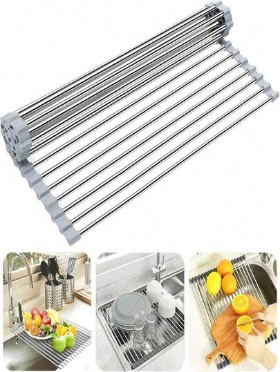 1pc Foldable Dish Drying Rack, Space-Saving Sink Drainer Mat, Kitchen Accessory, Multi-Purpose For Drying Dishes, Vegetables And Fruits, Rollable Drainer Rack, Mother's Day/Eid Al-Adha Gift, Stainless Steel Multifunctional Dish Rack, Movable Stainless Steel Roll-Up Rack, Sink Draining Mat, Kitchen Tool, Heat Insulation Pot Pad, Plate Mat, Kitchen Accessory, Suitable For Draining And Drying Kitchen Utensils, Cups, Plates, Dishes, Etc. Can Also Be Used As A Barbecue Pad, Pot Mat, Coaster, Etc.