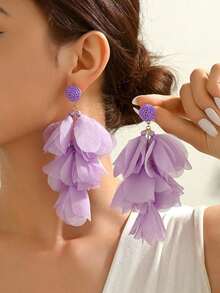 1 Pair Handmade Green Fabric Flower Tassel Earrings, Exaggerated Fashion Jewelry, Suitable For Party, Prom, Beach Vacation - Mauve Purple - View 8