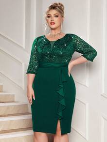 Đầm bodycon dự tiệc cocktail size lớn, cổ chữ V sâu, đính sequin, ren hoa, phối bèo nhún, xẻ tà, đầm dự tiệc cưới, sinh nhật, lễ tốt nghiệp, phong cách thanh lịch - Màu xanh lá cây đậm - Xem 8