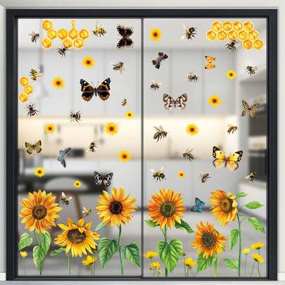 1 Set Of 9 Vibrant Sunflower & Butterfly Window Stickers, Including Bee Honeycomb Patterns, Removable Static Cling Glass Decals, Suitable For Bedroom, Living Room, Balcony And Storefront Decoration In Spring And Summer