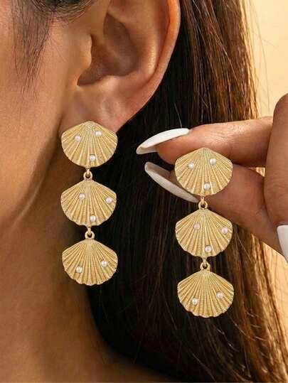 一对夏季时尚百搭优雅波西米亚风金色贝壳珍珠吊坠耳环，适合海滩度假、旅行、女性日常装饰、服装搭配、约会、派对、节日礼物