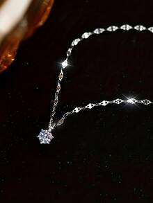 1件简约优雅不锈钢唇形吊坠项链，搭配闪亮六爪合成立方氧化锆——永恒的结婚誓言项链，奢华母亲节女士珠宝礼物 - 銀色的 - 查看 4