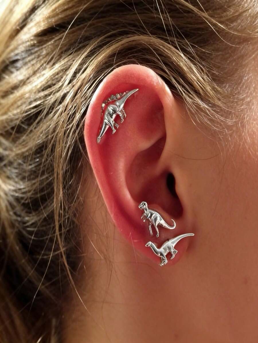 6pcs Fashionable Cute Little Dinosaur Stud Earrings Set, Suitable For Women's Commute And Casual Daily Wear, Classic Versatile Earrings - Silver - View 1