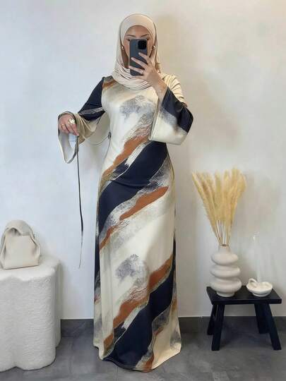 SuofeiMan Women's Casual Elegant Arabic Style Long Dress, Women's Long Sleeve Round Neck Dress, Knitted Fabric, Ink Elegant Print