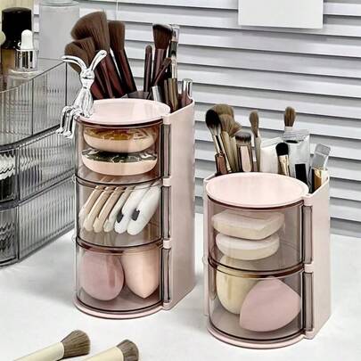 Hộp đựng bông phấn 2 trong 1, giá đỡ cọ trang điểm xoay, hộp đựng bông tẩy trang và mút trang điểm.
