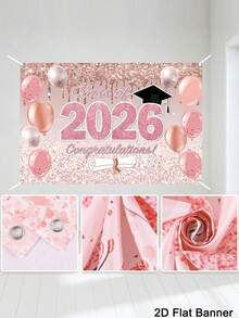 1pc 2026 Graduation Party Backdrop, Congratulations Graduates Pattern, Pink & Gold Background, Indoor/Outdoor Wall Decor, Home Decor, Graduation Party Decoration, Wedding - Multicolor - View 4