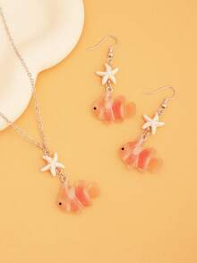 3pcs Fashionable Starfish And Small Fish Pendant Necklaces, Starfish Necklace, Small Fish Necklace, Marine Life Necklaces, Daily Jewelry Gift For Women - Orange - View 3