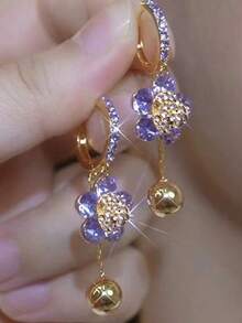 Bông tai hoa hồng tím thiết kế độc đáo mới năm 2026, phong cách sang trọng, thanh lịch dành cho phụ nữ. - Màu tím - Xem 3