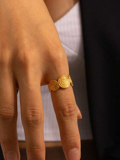 1pc Stainless Steel 18K Gold Plated Fashion Minimalist Geometric Textured Adjustable Open Ring, Suitable For Women Daily, Office, Date, Travel, Elegant Jewelry Gift