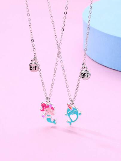 2pcs/Set Kids Cute Best Friends BFF Mermaid Ocean World Pendant Necklace Set, Suitable For Daily Wear, Gift, Holiday