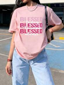 Camiseta de manga corta con cuello redondo y estampado de letras "Always", elegante y casual para el verano, versátil para el uso diario y el transporte - Rosa - Ver 3