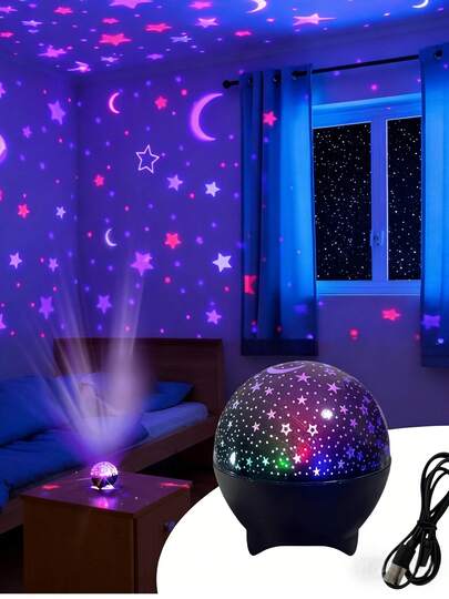 Đèn chiếu sao và trăng, đế đen, dùng nguồn USB, không kèm pin, chao đèn dày dặn, chiếu hình ảnh sao và trăng nhiều màu sắc mộng mơ, thích hợp cho gia đình, tiệc tùng, quà tặng sinh nhật, trang trí phòng ngủ.