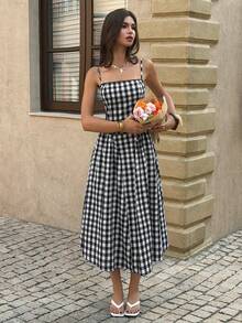 PoPoHouse Women's Cotton Gingham Print Midi Dress Sexy Backless Spaghetti Strap Square Neck Dress For Daily Casual Date Commute Summer Beach Vacation Going Out Outfit Black & White Gingham Dress - Black - View 11
