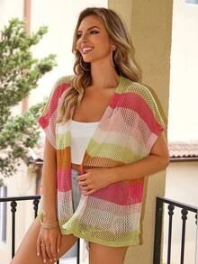 Women's Striped Open Front Crochet Cardigan Semi-Sheer Knit Top Batwing Sleeve Regular Length - Nhiều màu - Xem 3