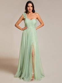 Vestido de dama de honor de tul transparente con aplicación floral, hombro descubierto, abertura alta y color verde salvia, elegante para invitados de boda - verde menta - Ver 4