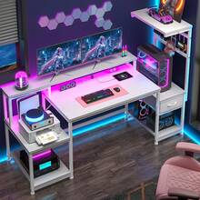 EnHomee 55"Gaming Desk With LED Lights & Outlets Computer Desk With Monitor Stand, Drawers & Storage Shelves, Printer Space For Game Room Home Office Bedroom - Xem 2