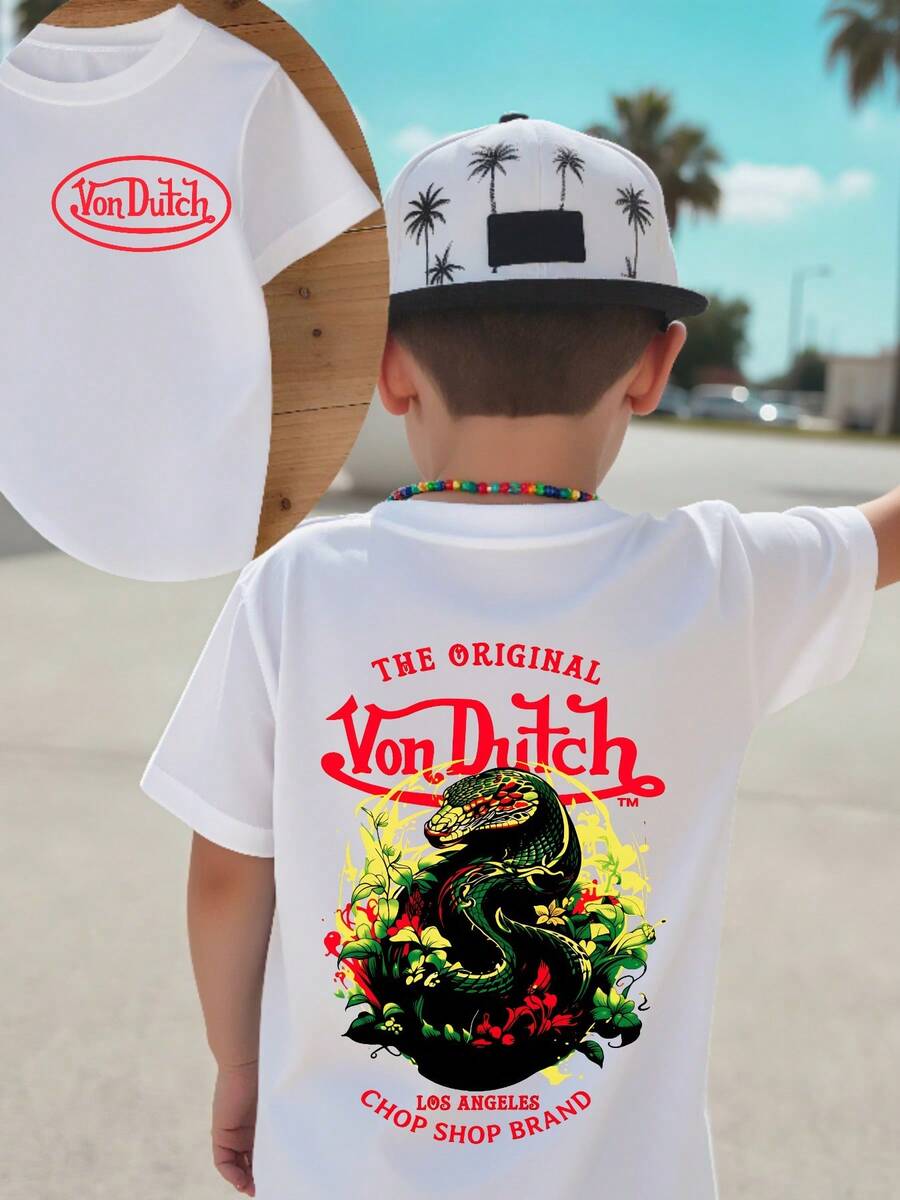 1pcs Tween Boy's Double Side Print Graphic White Tee The Original Von Dutchh Dragon And Flowers Design Fabric Soft & Skin-Friendly Unisex Style Gifts For Spring Festival, Valentine's Day, St. Patrick's Day & World Cup-Van Dutch Dragon Print Tween Boy T Shirt Classic Americana Style - 白色 - 查看 1