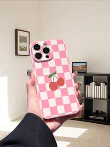 1pc Minimalist Plaid Cherry Pattern Shockproof Protective Phone Case, Compatible With IPhone/ Galaxy/HONOR, Fashionable And Stylish Choice - Pink - View 5