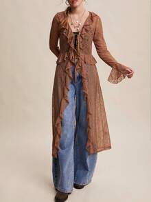 Women Lace Mesh Flowy Maxi Top Tie Front Cardigan Sheer Long Sleeve Ruffled Layering Shirt Cover Up - 紅棕色 - 查看 2