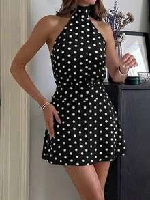 Women's Polka Dot Print Halter Backless Elegant Dress Party - Black - View 10