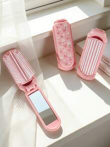 1pc Pink Foldable Comb With Daisy & Heart Print, Compact Design With Built-In Mirror, Portable For Women, Suitable For Travel & Gift - Multicolor - View 8