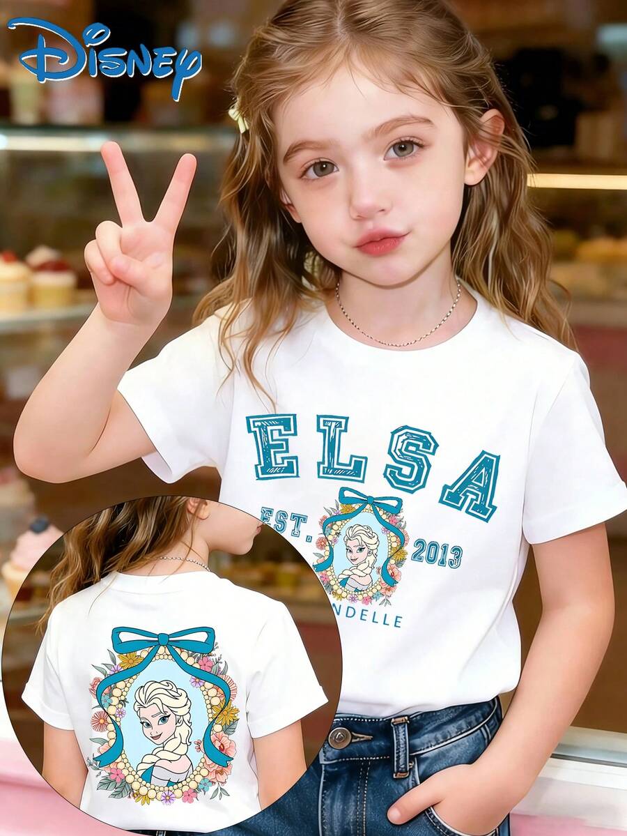 Summer Baby Boy And Girl Casual And Fashionable Short-Sleeved T-Shirt, Featuring The Disney Character Elsa. Suitable For Party Outfits And Daily Wear. - 白色 - 查看 1