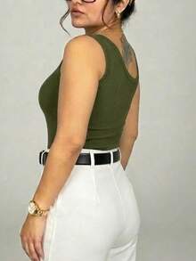 Women's One Shoulder Blouse, Plain Ribbed Knit, Premium Style, Casual, Basic, Elegant Tank Top - Olive Green - View 2