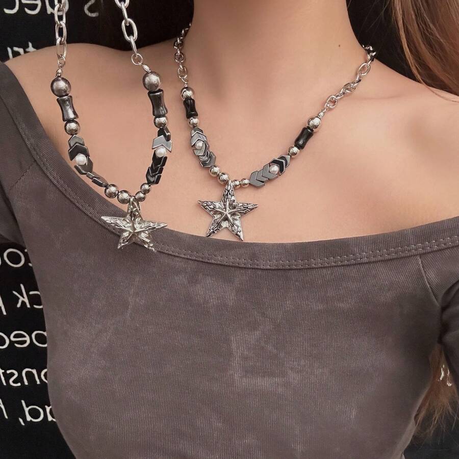 JOJELOO 星形串珠百搭嘻哈项链，奢华小众长款吊坠项链 - 銀色 - 查看 1