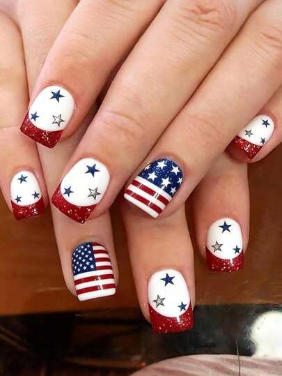 24 Pieces Of Short Square Acrylic Nail Art Patches American Flag Pattern Design Fake Nails Stars And Stripes French Press-On Nails, Including 1 Piece Of Jelly Glue And 1 Nail File, Suitable For Parties, Events, Daily Wear. Suitable For Women And Girls. Includes Nail Art Tools. Shapeable Nail Art Set