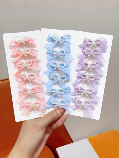 12/18个装青少年简约时尚蝴蝶结珍珠甜美发夹，百搭优雅发饰，实物包装，不含卡纸