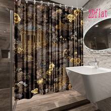 1pc Elegant Chinese Peony & For Lotus Shower Curtain - Dark Brown/Beige/Burgundy Traditional Asian Bath Decor With Golden/Black Pagoda & Cloud Patterns, High Quality (70.8x70.8 Inch) + Hooks For Spa-Like Bathroom Upgrade, 2D Flat - A - Xem 2