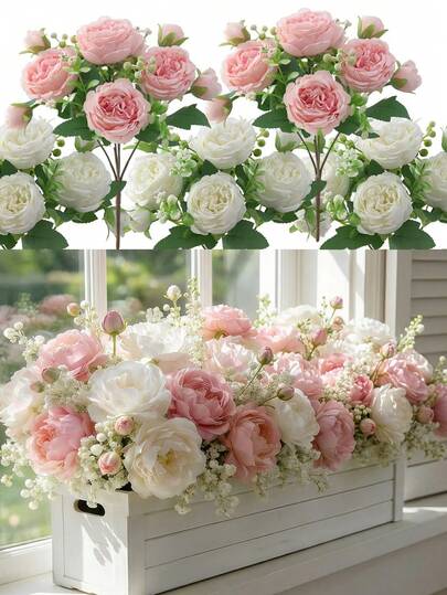 Faux Peony Star Flower Bouquet - Mixed White And Pink Peony Star Flowers - Suitable For Home Decor - Photography Props, Wedding Decoration - Wedding Bouquet, Suitable For All Year Round, Maintenance Free, Suitable For Indoor And Outdoor Decoration In Spring And Summer