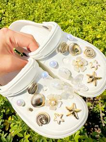 20件白色與金色海洋主題DIY鞋飾，花朵、貝殼、海星配件可拆卸，適用於有孔鞋款，節日禮物 - 白金 - 查看 6
