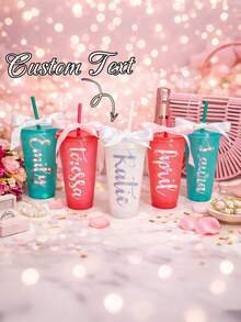 Customized Personalized Bride & Bridesmaid Cups With Name Initials: These Reusable Plastic Cups Feature A Cute Bow Design, Come With Lids And Straws, Making Them The Perfect Small Wedding Party Favors. - Multicolor - View 5