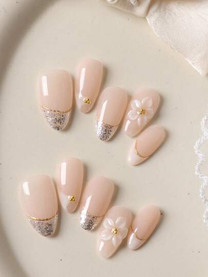 10pcs Press On Nails Almond Nails French Style Skin Color Pink Flowers Silvery Golden Thread Nails Press On Nail Supplies Fake Nails Short Office DailyWear False Nails Artificial Nails Kit Includes 1sheet Adhesive Tabs &1 Pc Mini File
