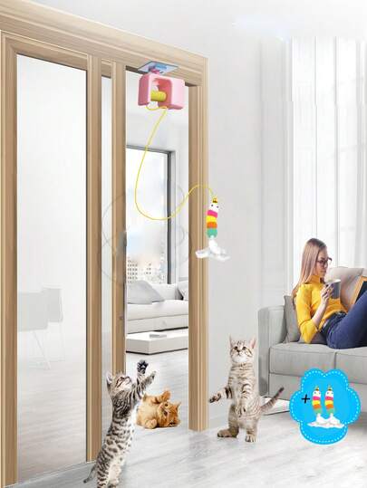 Đồ chơi tương tác cho mèo trong nhà, đồ chơi tự động treo cửa kèm 3 đầu thay thế cho mèo trưởng thành buồn chán khi ở trong nhà, hình sâu bướm treo khung cửa, đồ chơi đuổi bắt tự động có thể sạc lại.