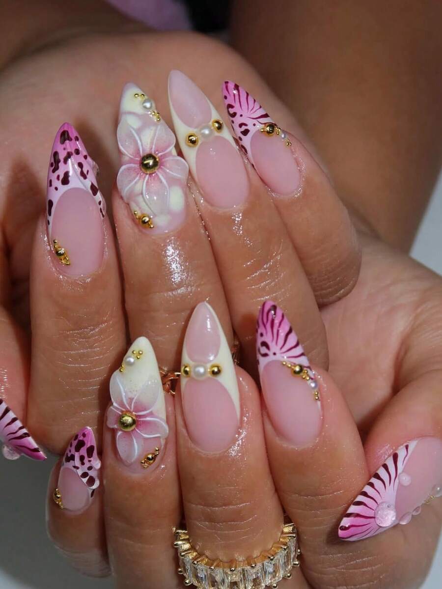 10pcs Handmade Delicate Floral French Manicure Stickers, 3D Dimensional Almond-Shaped Long Floral Nail Stickers Suitable For Women And Girls Daily Wear Press On Nails - 中紫紅色 - 查看 1