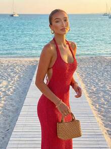 FOR BEAUTY Summer Y2K Women's Sweater Dress Red Solid Color Sleeveless Knit Long Tight Bohemian Style Beach Vacation Party Resort Cover-Up - Red - View 4