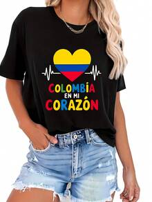 Camiseta casual de manga corta y cuello redondo para mujer con estampado gráfico "COLOMBIA EN MI CORAZÓN", suave y mezclada, top elástico de cuello redondo, lavable a máquina - Perfecta para primavera y verano - Camiseta ligera de manga corta para la moda de verano - [Negro] - Ver 1