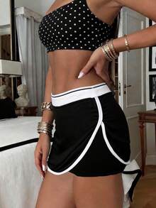 2026 Summer Women's Commuter Skort, Casual Sports High Waist Contrast Color Trim Bodycon Shorts, Suitable For Work, Daily Wear, Business Casual Outings - Black and White - View 8