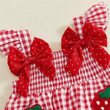 Toddler Baby Girls Tank Top And Shorts Set Summer Casual 2Piece Outfit Ruffle Hem Fly Sleeve Polka Dots Bows Detail And Strawberry Embroidered Smocked Peplum Tank Top + Ruffle Hem Wide Leg Shorts Set For Newborn Infant Kids Girls 0-3Y - 紅白色 - 查看 7