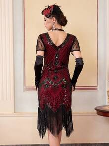 Vestido con mangas de lentejuelas y flecos de malla inspirado en el estilo de los años 20 de F. Scott Fitzgerald - Rojo - Ver 9