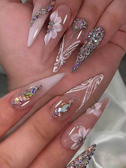 Y2K French-Style Luxury Long Stiletto Heel-Shaped Press-On Acrylic Nail Art, 24 Pieces With 3D Flowers And Dazzling Rhinestone Embellishments On The False Nail Tips, DIY Handmade Nail Stickers, Includes Gel And Nail File, Suitable For Women's Daily Commute, Parties And Festive Celebrations.