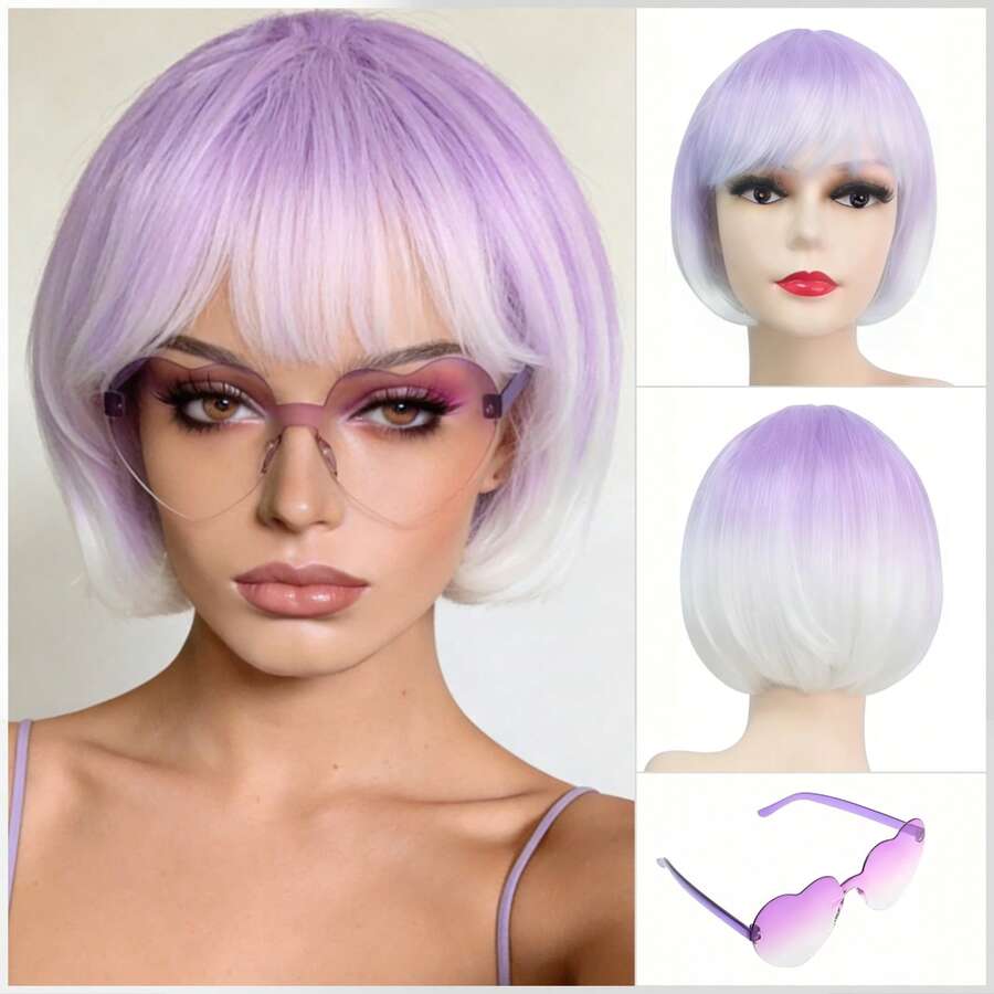 Cyberpunk Bob Wig & Glasses Set - 20+ Neon Colors With Adjustable Fringe | Multi-Tone Synthetic Hair For Cosplay, Rave, Halloween & Daily Bold Fashion (Hot Red/Lime Green/Orange/Light Pink/Plum Purple/Neon Blue/Neon Lilac/Golden Blonde/Black) - 紫丁香色 - 查看 1