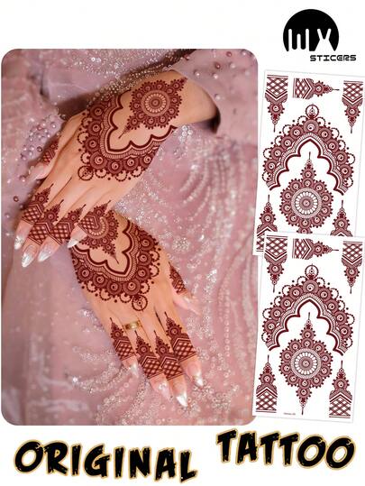 2pcs Red-Brown Henna Mandala Flower Lace Pattern Sexy Body Art Temporary Waterproof Tattoo Stickers, Suitable For Hands, Arms, Back For Festivals, Parties, Daily Wear